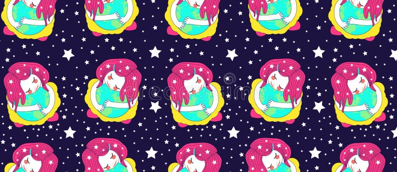 Милая маленькая девочка обнимая глобус концепция заботить для земли планеты Забота для окружающей среды бесплатная иллюстрация
